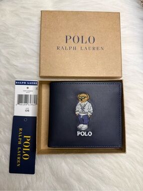 Polo Ralph Lauren Blue PREPPY TENNIS BEAR Leather Double Billfold Wallet New